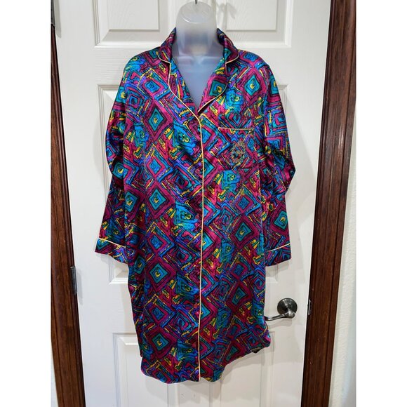 Vintage Adolfo Classics Womens Satin Pajama Shirt With Retro Geometric Print & C - Picture 9 of 10
